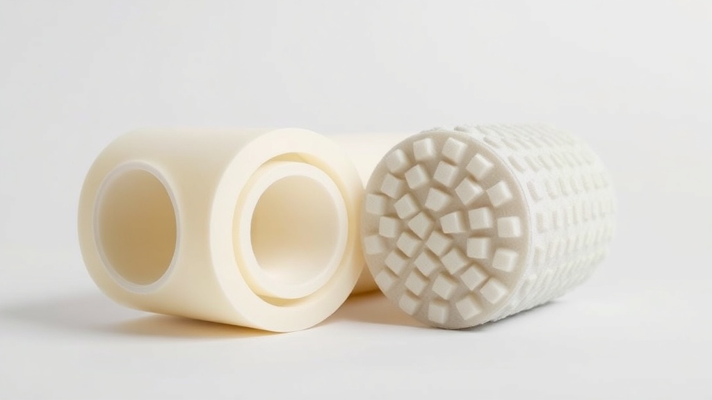 부드러운 질감의 EVA 폼롤러와 단단한 입자의 EPP 폼롤러가 나란히 놓여 있는 모습