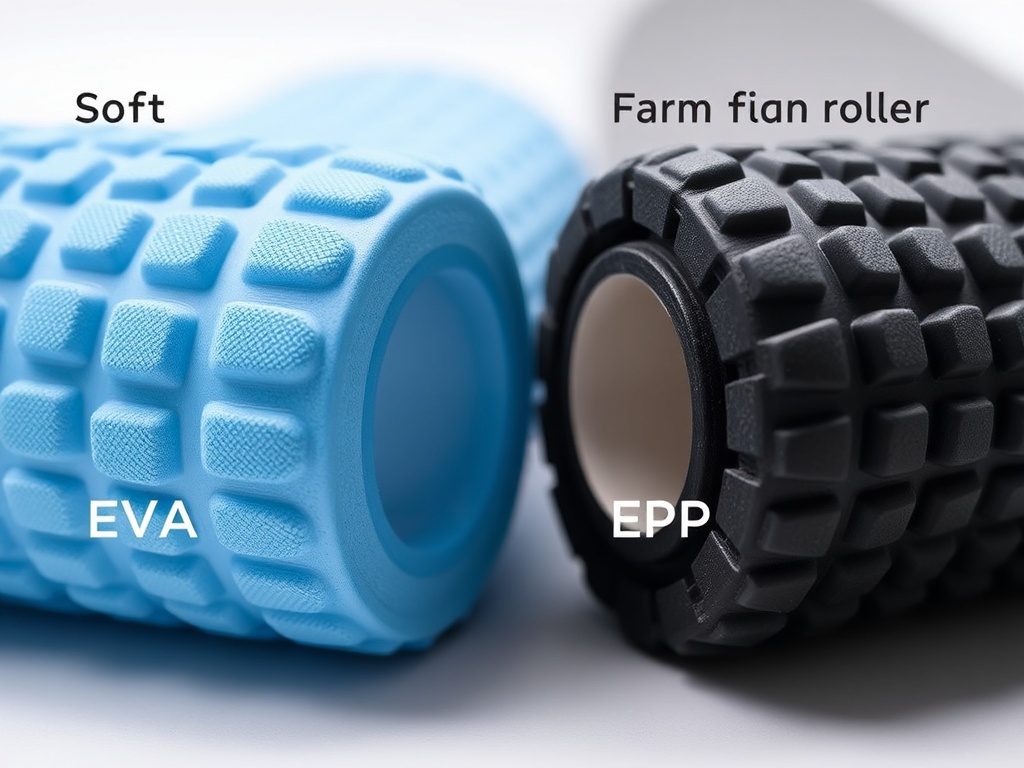 부드러운 질감의 파란색 EVA 폼롤러와 단단한 질감의 검은색 EPP 폼롤러가 나란히 비교되어 있는 모습